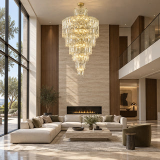 Moneglia custom tiered crystal chandelier in a double-height luxury home living room