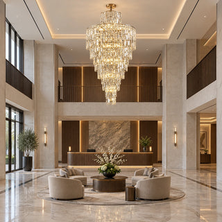 Moneglia custom gold crystal chandelier above the seating area in a luxury hotel lobby