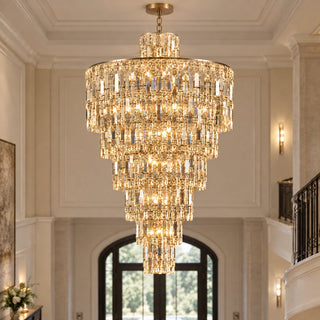 Moneglia custom gold crystal chandelier close-up in a grand foyer with matching ceiling canopy