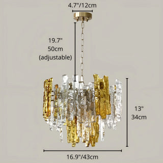 Compact Murano glass chandelier with amber and clear textured glass shown with dimensions.