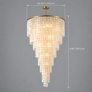 Nacara custom capiz shell spiral chandelier dimension diagram showing 49-inch diameter and 80-inch overall height