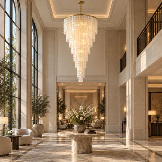 Nacara custom capiz shell spiral chandelier in a grand double-height foyer