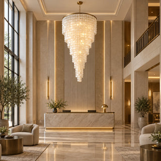 Nacara custom capiz shell spiral chandelier in a luxury hotel lobby