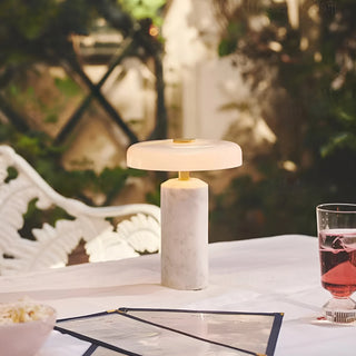 Nordic portable marble touch table lamp with white marble base on outdoor dining table