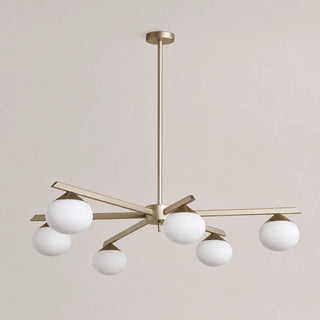 Novara brass six-light chandelier with opal glass globes unlit, front studio view