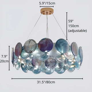 Large ocean blue round glass chandelier, 31.5 inch diameter with adjustable suspension cable