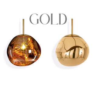 Two gold glass pendant light styles, one with molten glass texture and one with polished mirror finish, luxury lighting collection