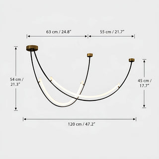 Dimensions of the 120 cm Ondara curved chandelier: 120 cm / 47.2 in wide, 54 cm / 21.3 in drop