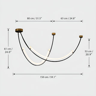Dimensions of the 150 cm Ondara curved chandelier: 150 cm / 59.1 in wide, 61 cm / 24 in drop