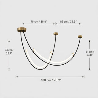 Dimensions of the 180 cm Ondara curved chandelier: 180 cm / 70.9 in wide, 73 cm / 28.7 in drop