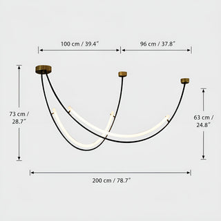 Dimensions of the 200 cm Ondara curved chandelier: 200 cm / 78.7 in wide, 73 cm / 28.7 in drop