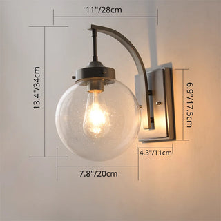 Dimensions diagram of modern outdoor wall light – 34cm height, 28cm depth, 20cm glass globe diameter