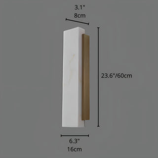 Outdoor wall sconce with brushed gold accent and white marble-effect body, 60cm tall