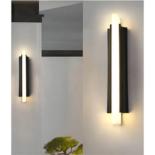 Modern black and white outdoor wall lights mounted on patio wall for accent lighting