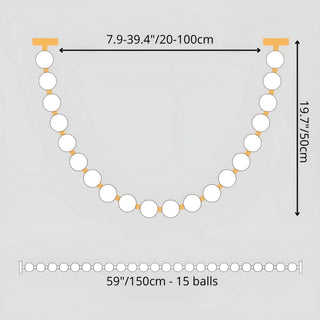 Size diagram of pearl necklace chandelier 59 inches 150cm length with 15 glowing LED spheres, adjustable width 20–100cm