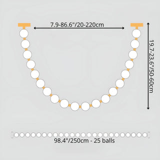Diagram showing pearl necklace chandelier 98.4 inches 250cm length with 25 LED spheres, adjustable width