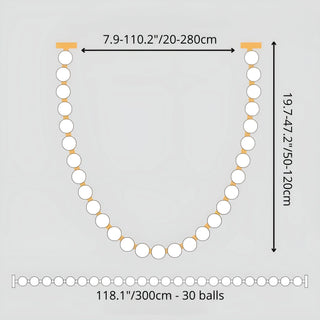 Technical drawing of modern pearl chandelier 118.1 inches 300cm length with 30 LED balls, height adjustable 50–120cm