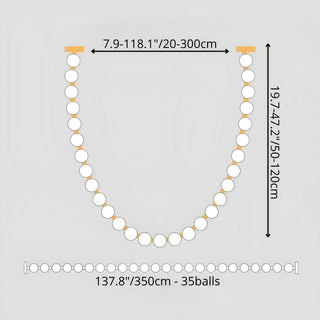Dimension diagram of pearl chandelier 137.8 inches 350cm length with 35 luminous glass spheres