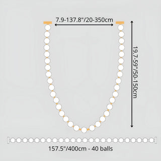 Size chart of modern pearl necklace chandelier 157.5 inches 400cm with 40 LED spheres, adjustable hanging height