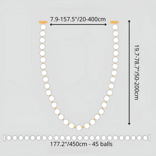 Technical diagram of 177.2 inches 450cm pearl chandelier featuring 45 glowing LED balls for large interiors