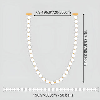 Dimension chart of extra-large pearl chandelier 500cm length with 50 luminous glass spheres, adjustable hanging height 50–220cm