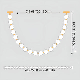 Technical drawing of pearl necklace chandelier 78.7 inches 200cm length with 20 LED balls and adjustable height