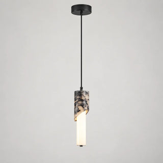 Pietrara Italian marble cylinder pendant light with a glowing frosted tube and black cord, on a grey background