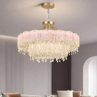 Pink crystal chandelier installed in modern living room – luxury tiered glass ceiling light