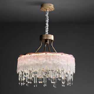 Pink 2-tier crystal chandelier with layered textured glass and crystal pendants – statement ceiling light