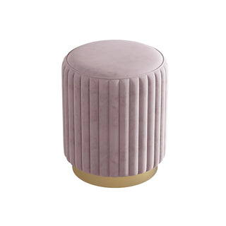 Pink velvet vanity stool with gold accent base — elegant Scandinavian-style makeup seat