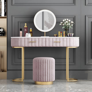 Elegant pink velvet stool paired with matching gold vanity table and mirror – luxury bedroom furniture set