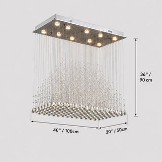 Dimensions of the Piovara rectangular chandelier: 40 in / 100 cm wide, 20 in / 50 cm deep, 36 in / 90 cm high