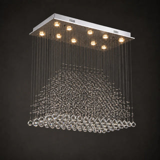 Piovara rectangular crystal raindrop chandelier with chrome frame and cascading crystal balls, lit, on a dark background