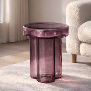 Plum purple sculptural glass side table with cylindrical base