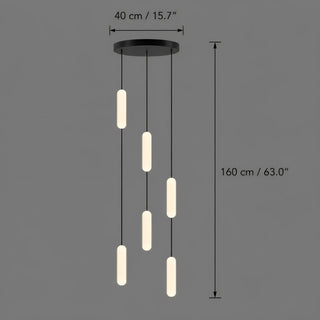 Dimensions of the 6-light Pluvara chandelier: 15.7 in round canopy and 63 in overall drop