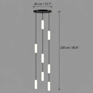 Dimensions of the 8-light Pluvara chandelier: 15.7 in round canopy and 90.6 in overall drop