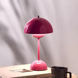 Bright pink portable mushroom table lamp with rechargeable LED and touch dimming