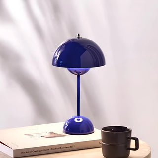 Modern portable mushroom table lamp with rechargeable LED in deep blue finish