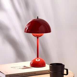 red portable mushroom table lamp with rechargeable LED for bedside or accent lighting