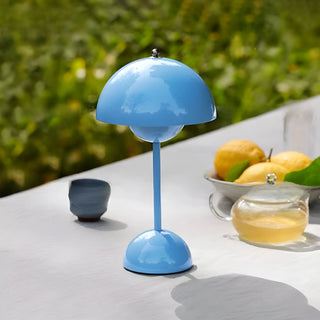 Portable mushroom table lamp with rechargeable LED in sky blue color for modern interiors