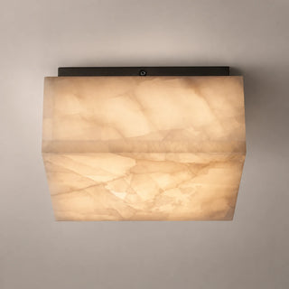 Quadara square alabaster flush mount ceiling light with a matte black bracket, front studio view