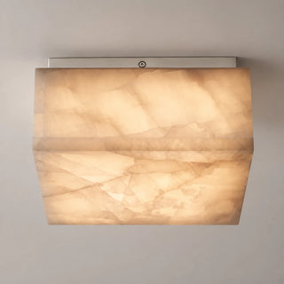 Quadara square alabaster flush mount ceiling light with a polished chrome bracket, front studio view
