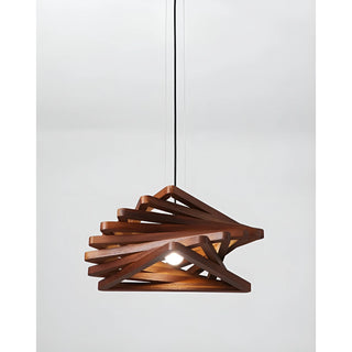 Front view of Roquesteron retro wooden LED pendant light with spiral geometric design