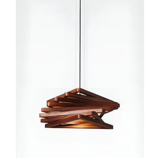Side angle of Roquesteron wooden LED pendant light showing layered wood elements