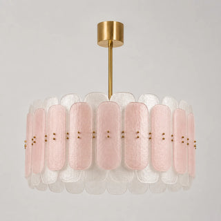 Rosara blush and white Murano glass paddle drum chandelier with brass frame, front view