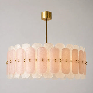 Low-profile Rosara Murano glass drum chandelier in blush and white with brass studs