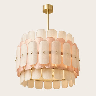 Rosara tiered blush and white Murano glass drum chandelier, angled studio view