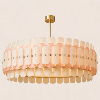 Wide Rosara Murano glass paddle drum chandelier in blush pink and white with brass canopy