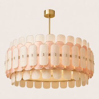 Rosara two-tier blush and white Murano glass drum chandelier on a brass frame, lit