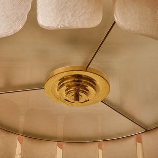 Underside detail of the brass diffuser and frame of the Rosara Murano glass drum chandelier